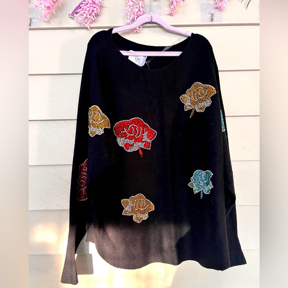 LIV Milano embellished with rhinestone black bat sleeves sweater size M